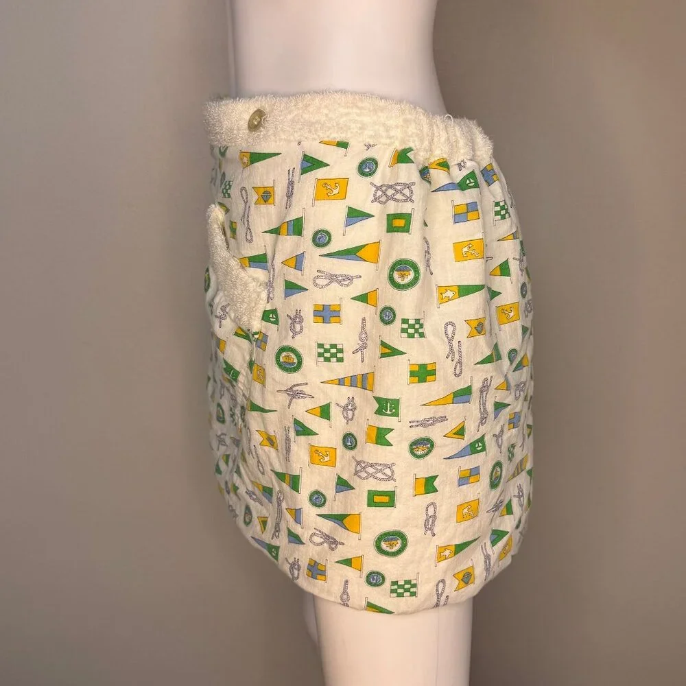 Vintage 1960s Pleetway Towel Lined Beach Kilt, Nautical Print, Swimsuit Cover Up